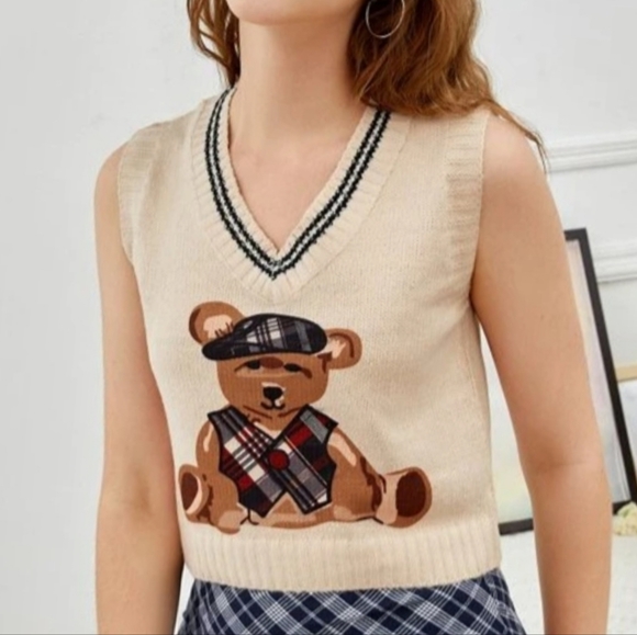 None Sweaters - Teddy Bear V Neck Sweater Vest Golf Sweater Vest Cropped Size Large Available